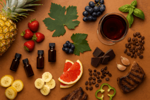 A glass of red wine surrounded by fruits, coffee beans, chocolate, and other aromatic ingredients representing wine aroma compounds on a warm, rustic background.