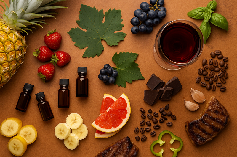 A glass of red wine surrounded by fruits, coffee beans, chocolate, and other aromatic ingredients representing wine aroma compounds on a warm, rustic background.