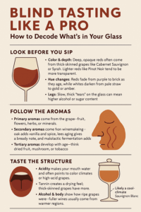 Infographic showing key steps of deductive wine tasting — visual clues, aromas, and structure — to help identify wines during a blind tasting.
