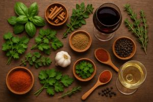 A rustic wooden table with Willowcroft wine glasses surrounded by fresh herbs like basil, thyme, oregano, and parsley, and spices such as cinnamon, paprika, black pepper, cumin, and garlic, arranged in small bowls under warm natural light.