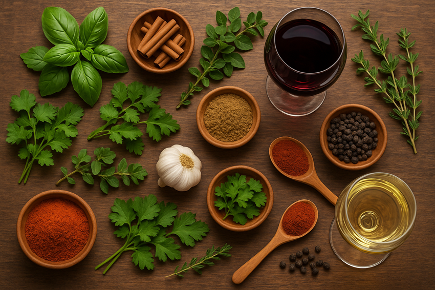 A rustic wooden table with Willowcroft wine glasses surrounded by fresh herbs like basil, thyme, oregano, and parsley, and spices such as cinnamon, paprika, black pepper, cumin, and garlic, arranged in small bowls under warm natural light.