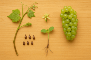 A landscape image showing the stages of grape development laid out on a warm wood background: a green grapevine cutting with leaves and tiny flower cluster, loose grape seeds, a small sprouting seedling with roots, a single grape flower, and a full green grape cluster.