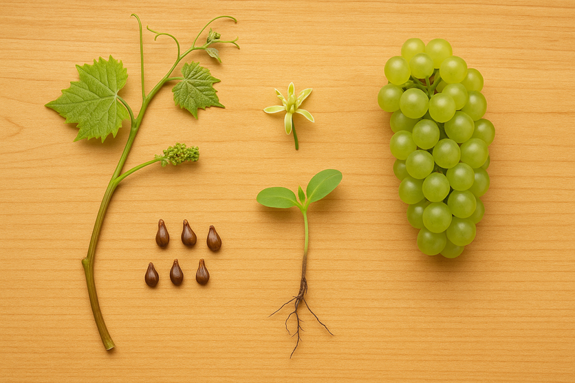A landscape image showing the stages of grape development laid out on a warm wood background: a green grapevine cutting with leaves and tiny flower cluster, loose grape seeds, a small sprouting seedling with roots, a single grape flower, and a full green grape cluster.