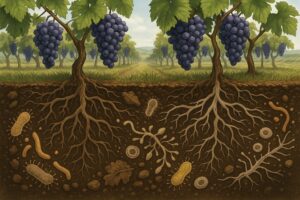 Cross-section of a vineyard showing grapevines above ground and detailed soil life—roots, bacteria, and fungi—below the surface.