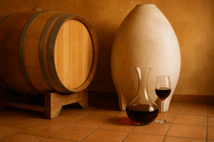 Oak barrel, concrete egg fermenter, wine decanter, and a glass of red wine arranged in a warmly lit winery cellar.
