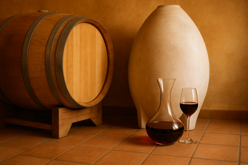 Oak barrel, concrete egg fermenter, wine decanter, and a glass of red wine arranged in a warmly lit winery cellar.