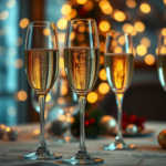 Two sparkling wine glasses filled with pale golden bubbles sit on a wooden surface, surrounded by soft, warm holiday lights and festive greenery in the background.