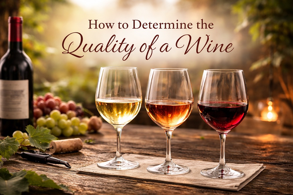 Three glasses of white, rosé, and red wine arranged on a rustic wooden table outdoors, with grapes and a wine bottle in soft evening light.